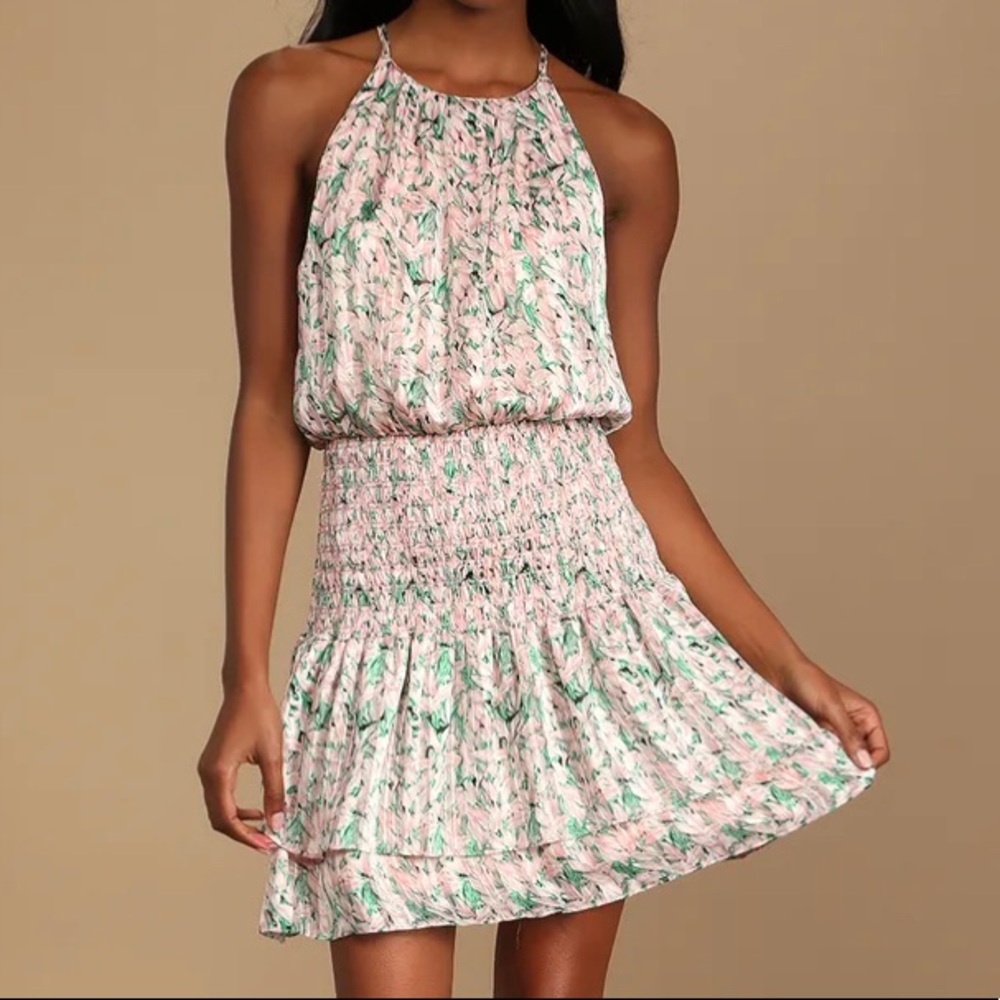 Pink Floral Print Smocked Mini Dress NWT